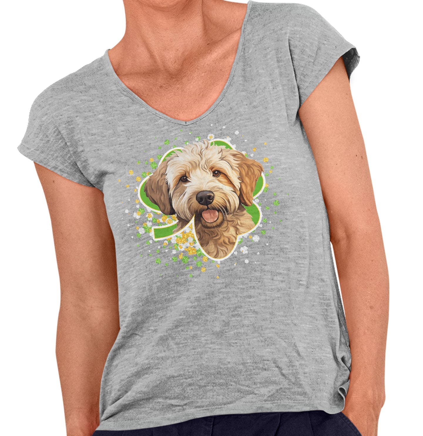 Big Clover St. Patrick's Day Labradoodle (Yellow) - Women's V-Neck T-Shirt