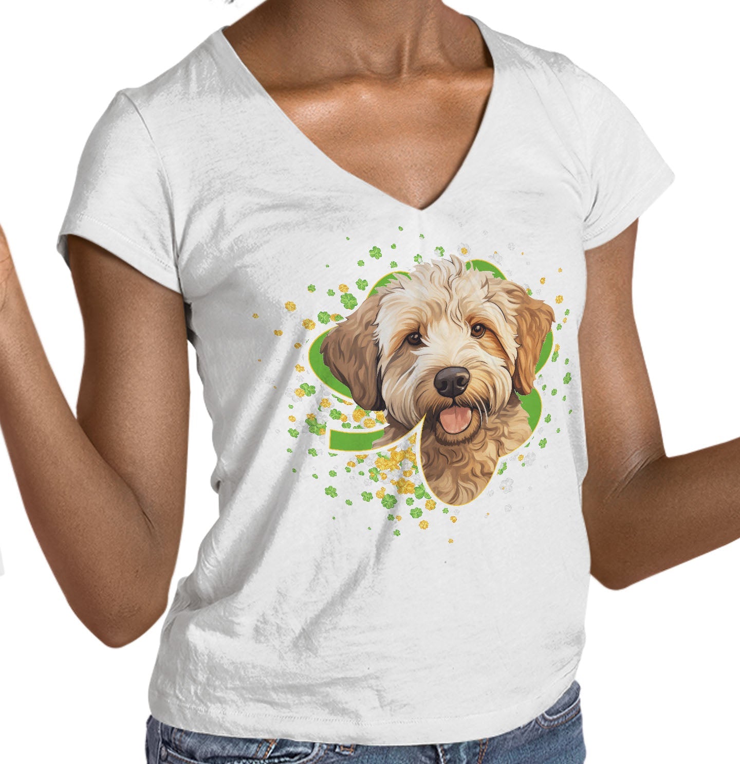 Big Clover St. Patrick's Day Labradoodle (Yellow) - Women's V-Neck T-Shirt