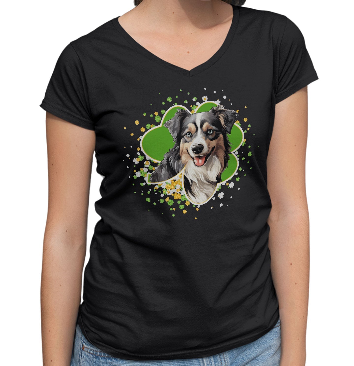 Big Clover St. Patrick's Day Miniature American Shepherd - Women's V-Neck T-Shirt