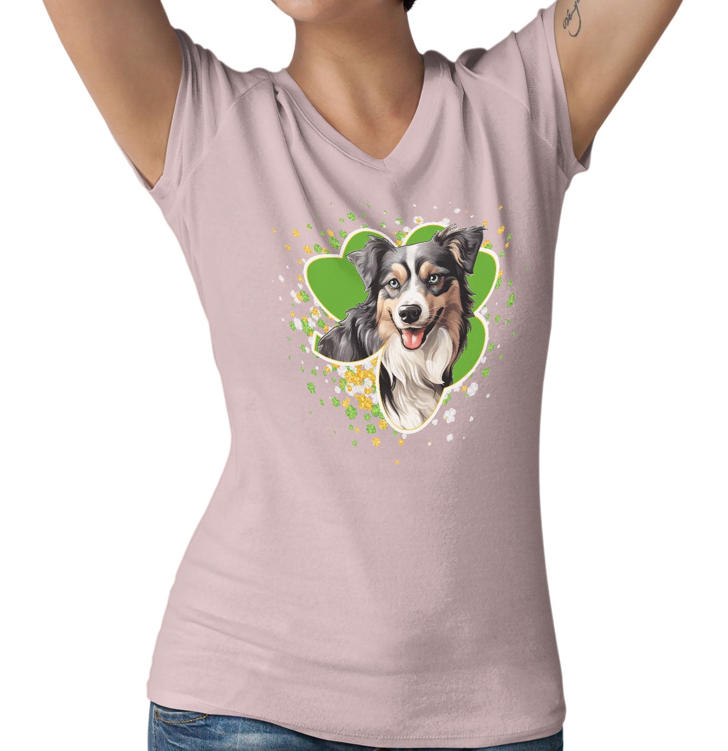 Big Clover St. Patrick's Day Miniature American Shepherd - Women's V-Neck T-Shirt