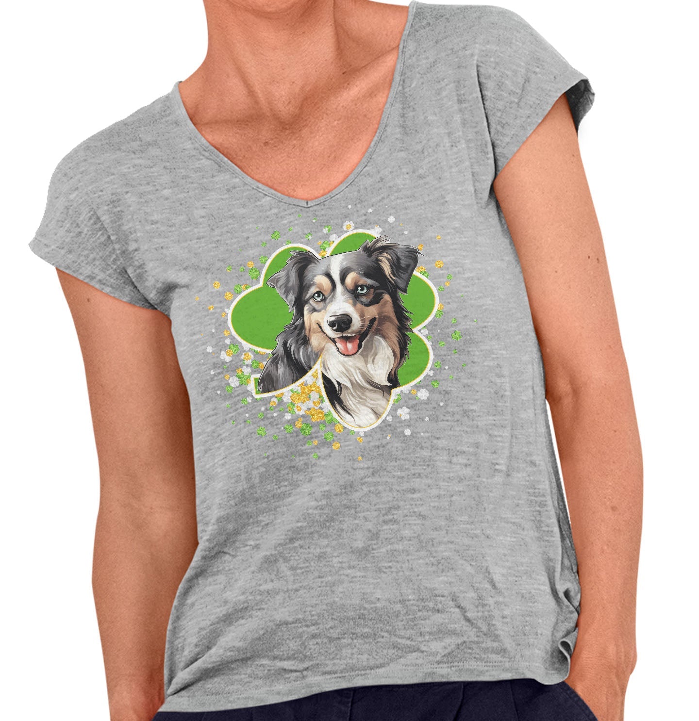 Big Clover St. Patrick's Day Miniature American Shepherd - Women's V-Neck T-Shirt