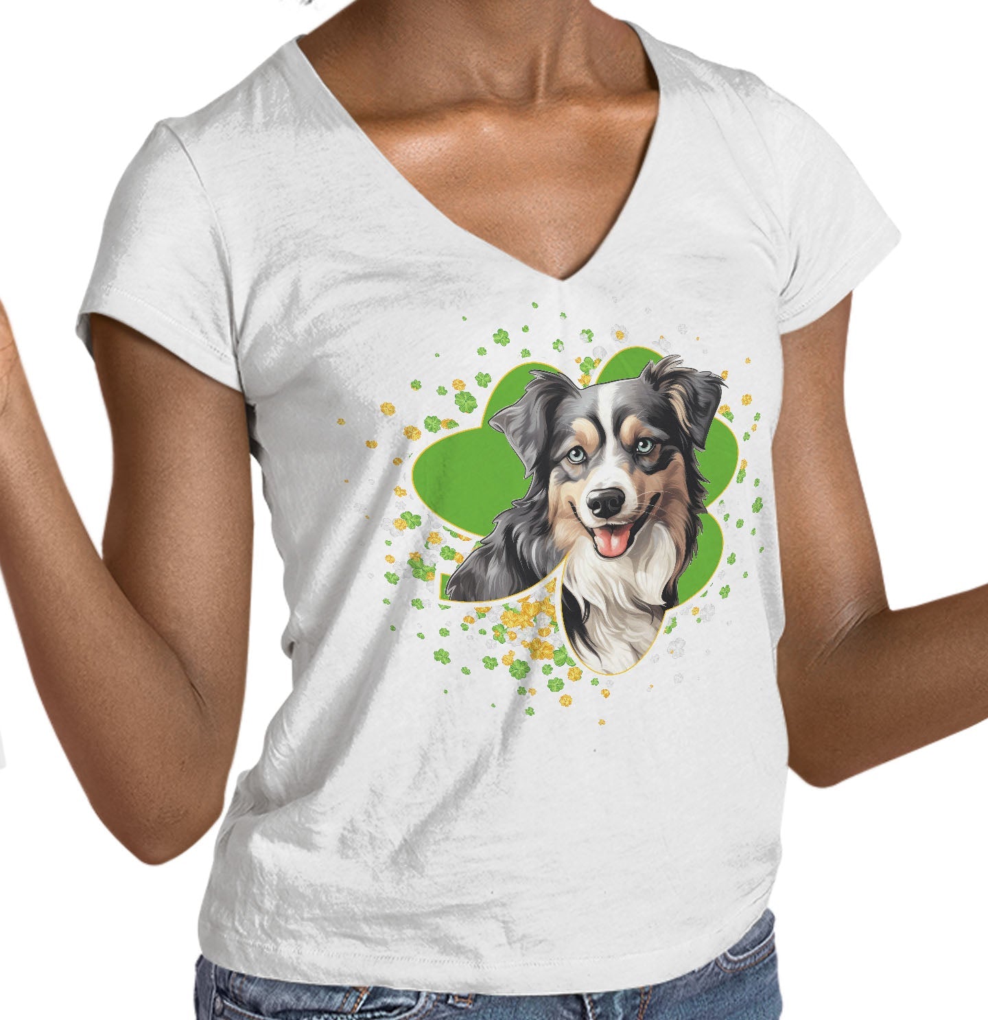 Big Clover St. Patrick's Day Miniature American Shepherd - Women's V-Neck T-Shirt