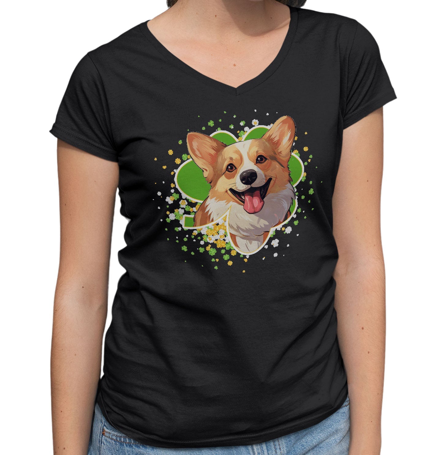 Big Clover St. Patrick's Day Pembroke Welsh Corgi - Women's V-Neck T-Shirt