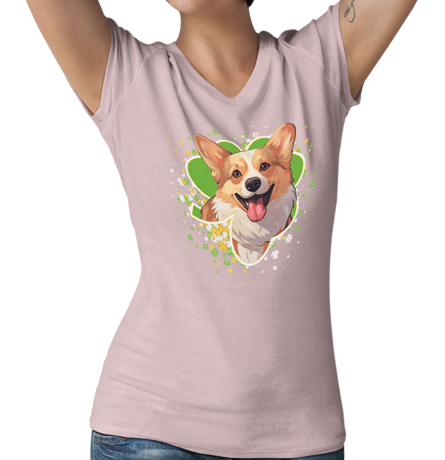 Big Clover St. Patrick's Day Pembroke Welsh Corgi - Women's V-Neck T-Shirt