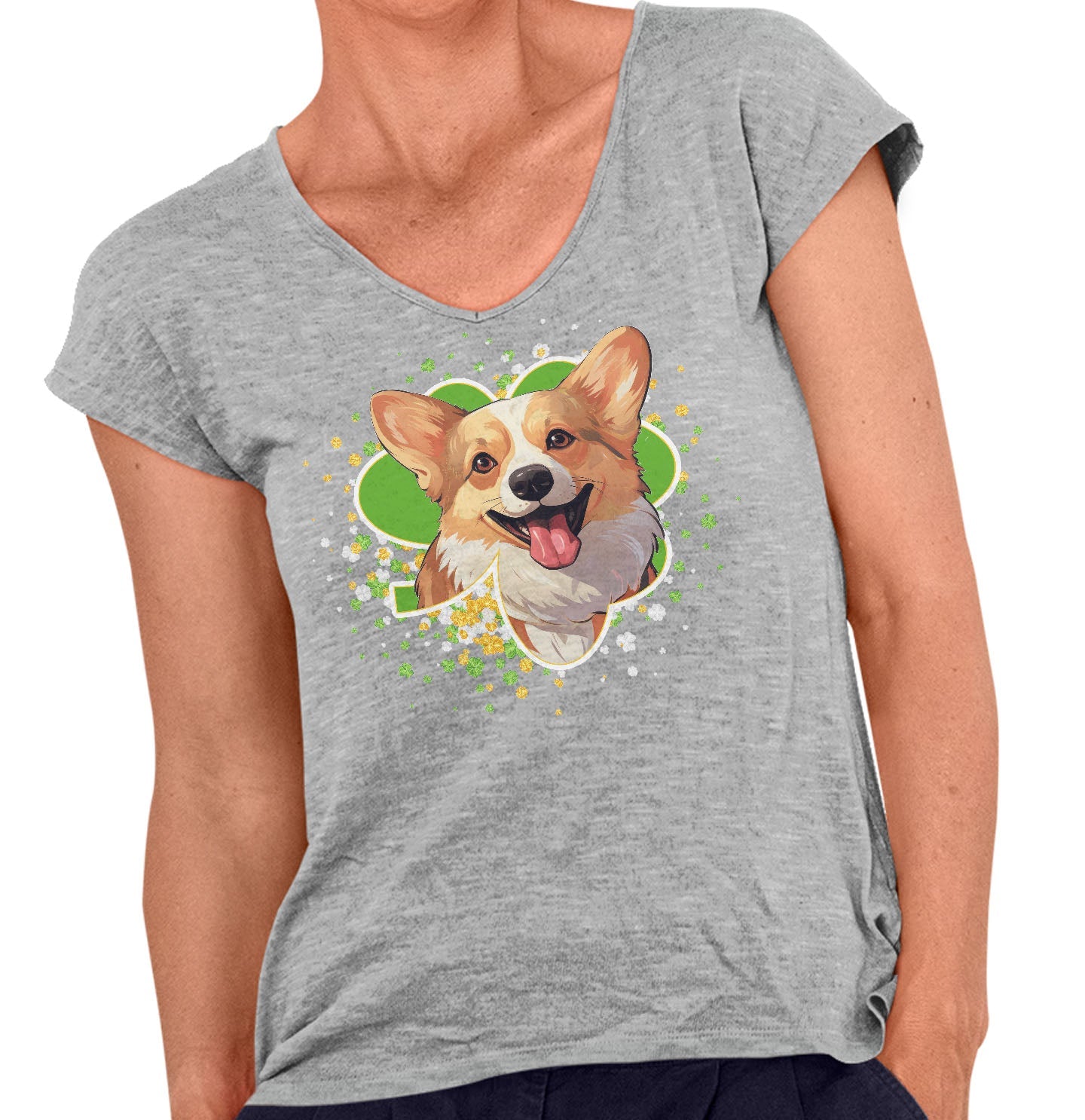 Big Clover St. Patrick's Day Pembroke Welsh Corgi - Women's V-Neck T-Shirt
