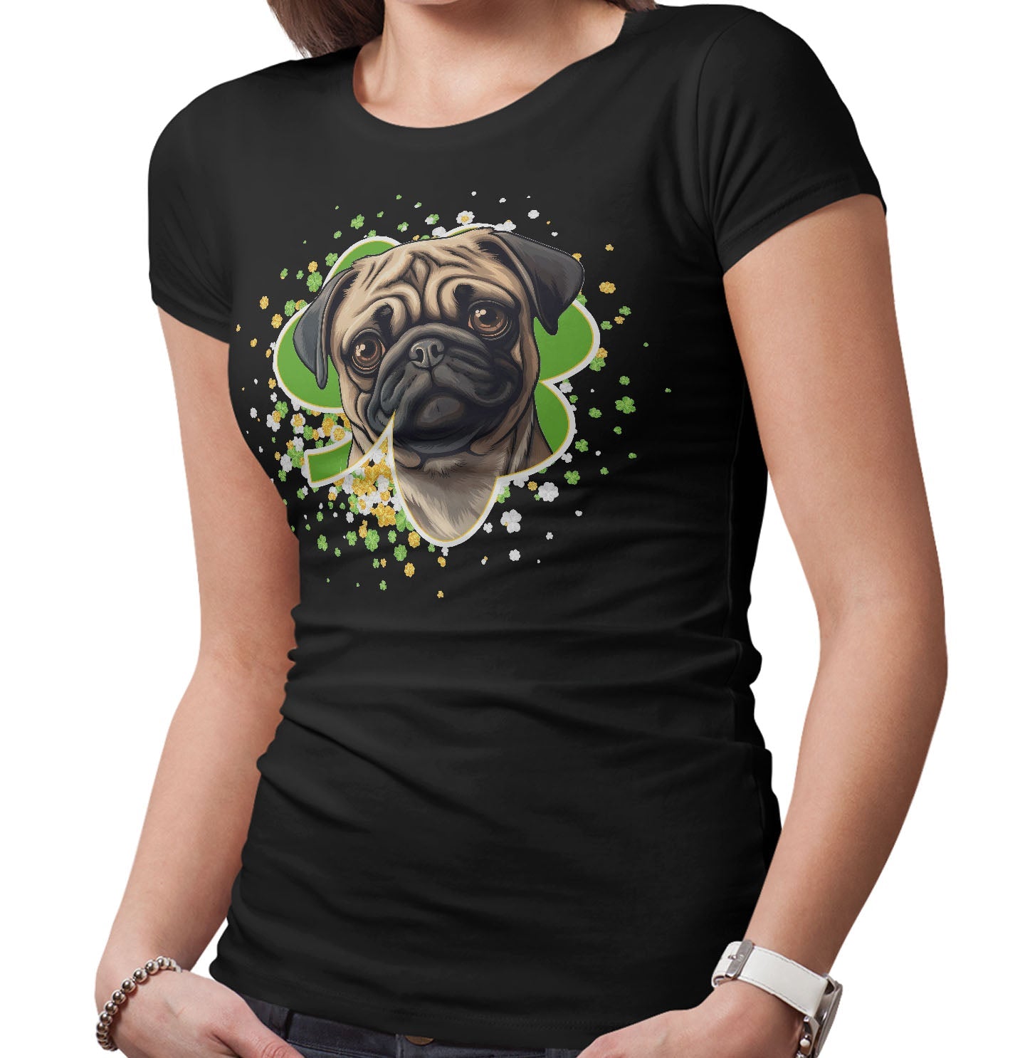 Big Clover St. Patrick's Day Pug - Women's Fitted T-Shirt