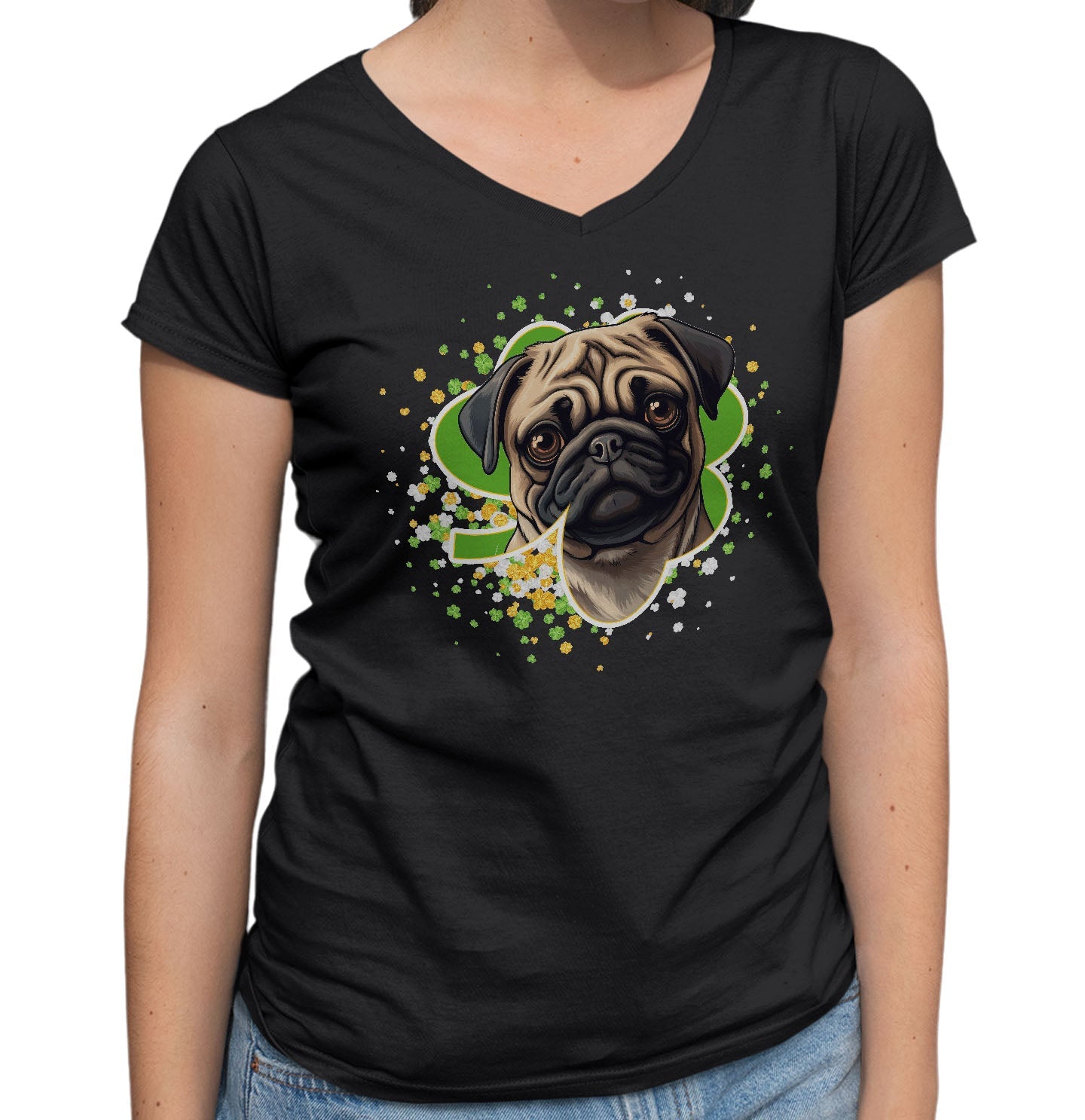 Big Clover St. Patrick's Day Pug - Women's V-Neck T-Shirt
