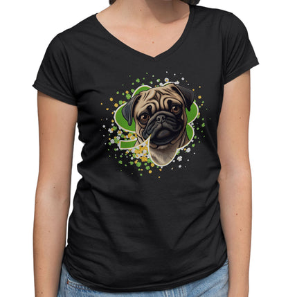 Big Clover St. Patrick's Day Pug - Women's V-Neck T-Shirt