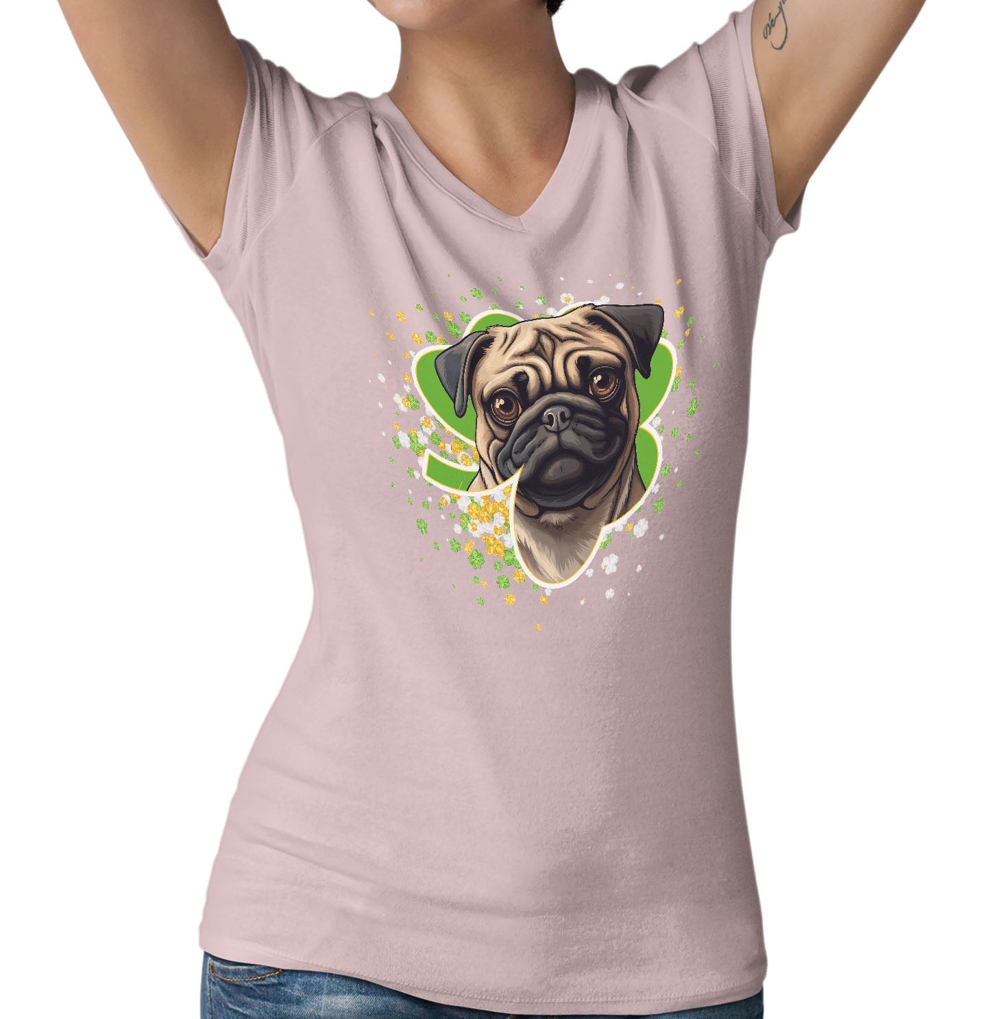 Big Clover St. Patrick's Day Pug - Women's V-Neck T-Shirt