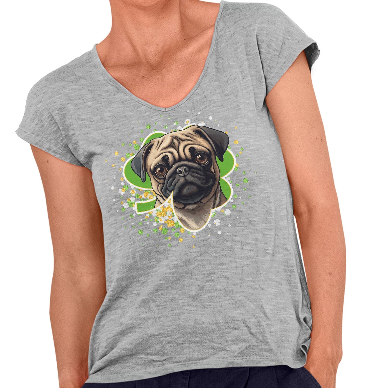 Big Clover St. Patrick's Day Pug - Women's V-Neck T-Shirt