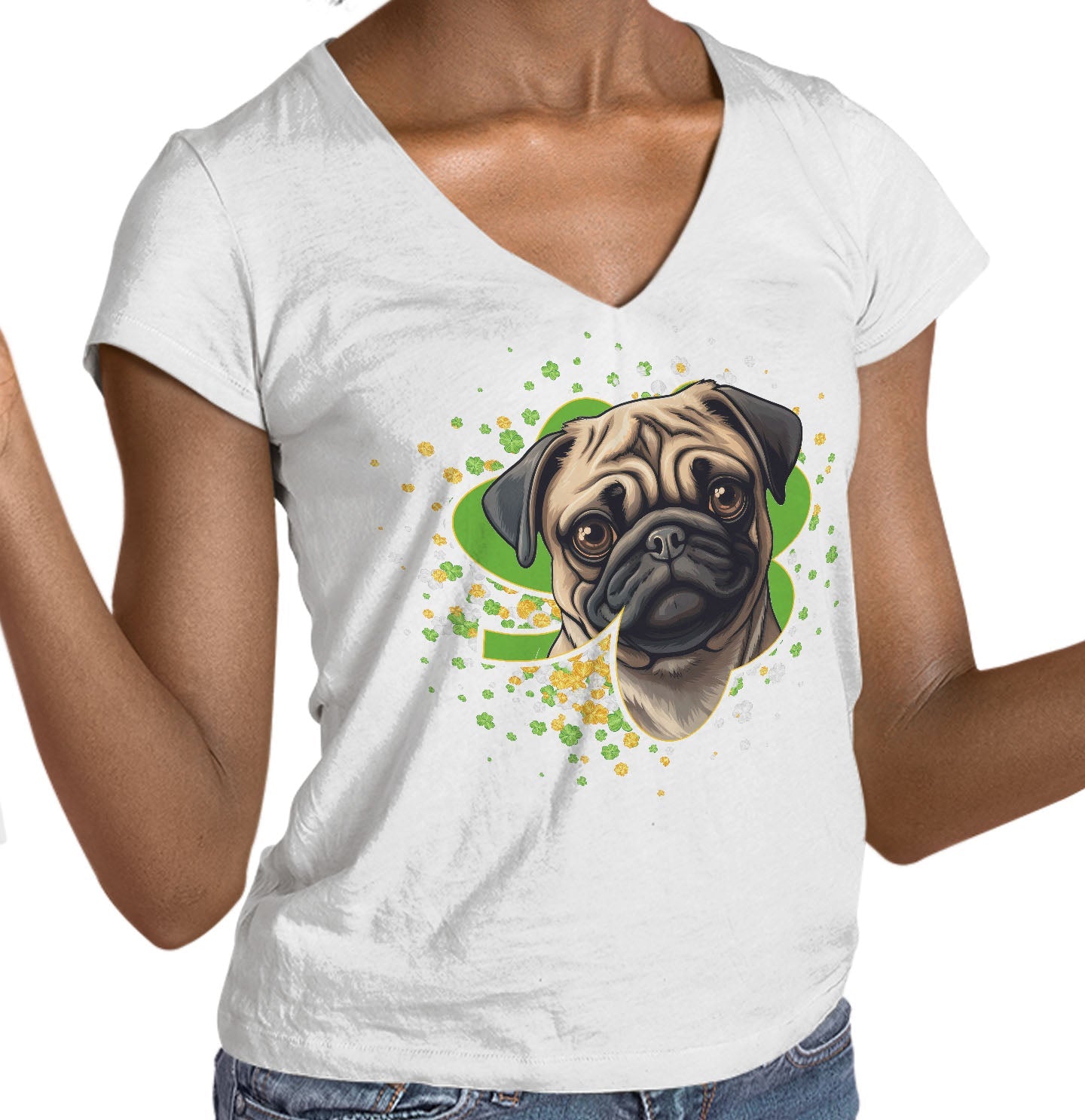 Big Clover St. Patrick's Day Pug - Women's V-Neck T-Shirt