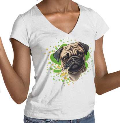 Big Clover St. Patrick's Day Pug - Women's V-Neck T-Shirt