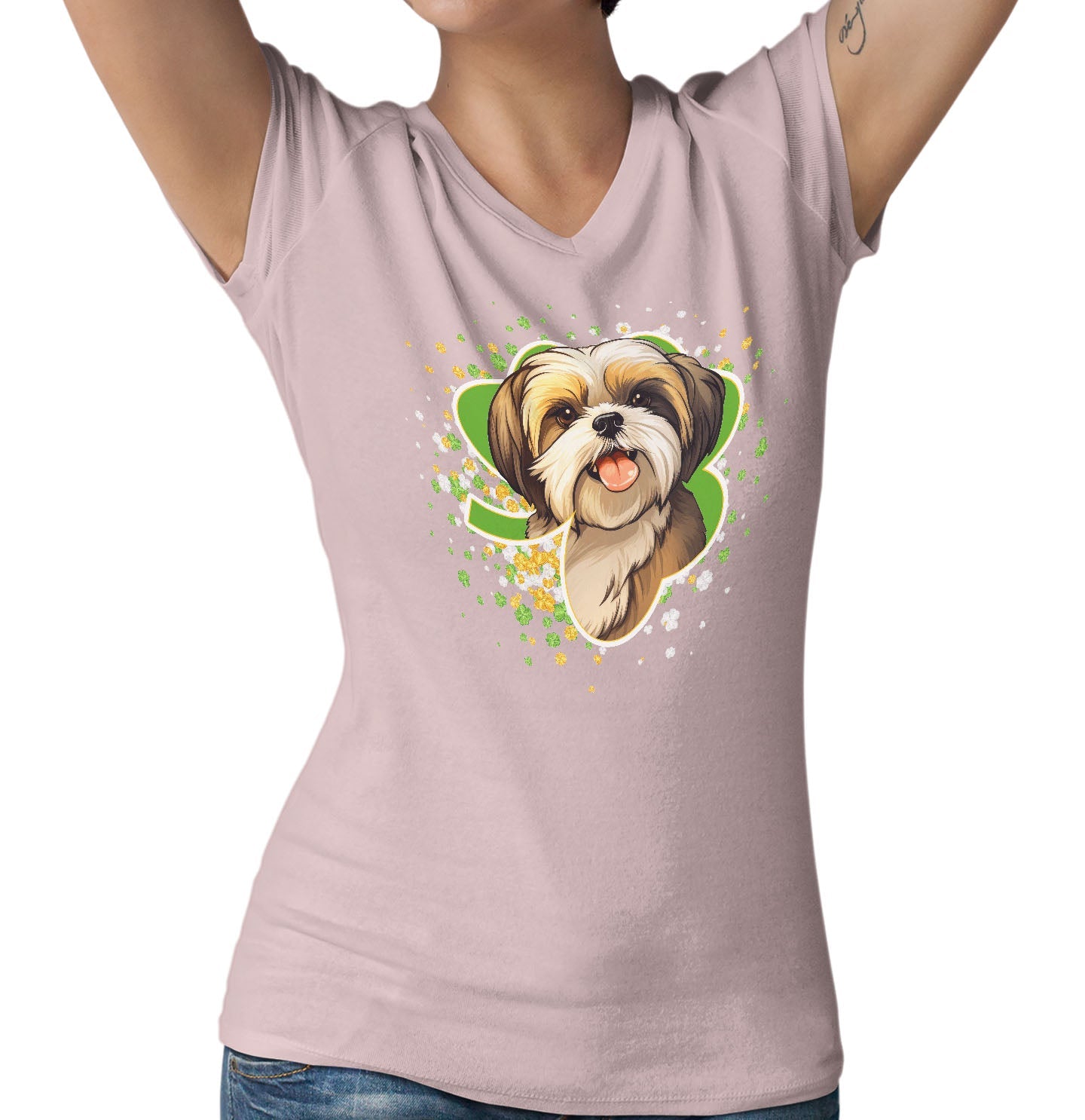 Big Clover St. Patrick's Day Shih Tzu - Women's V-Neck T-Shirt