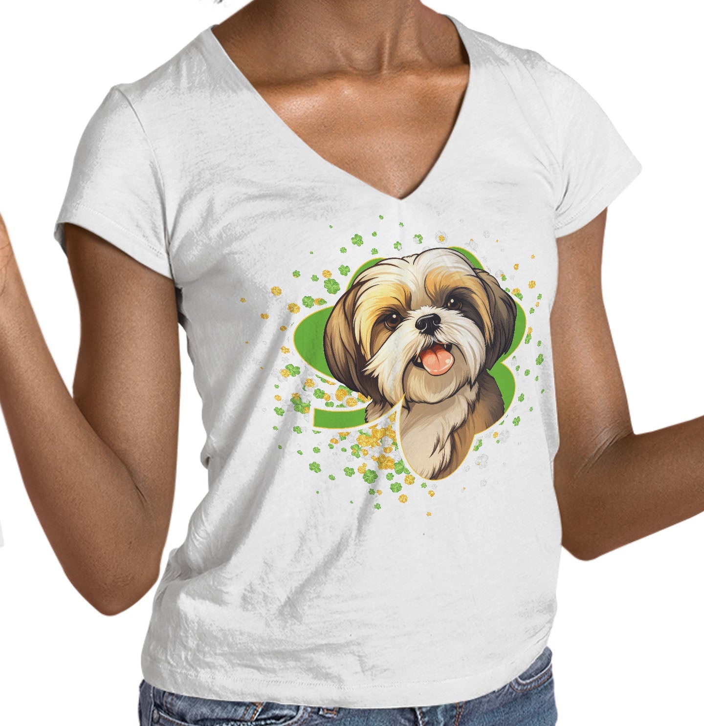 Big Clover St. Patrick's Day Shih Tzu - Women's V-Neck T-Shirt