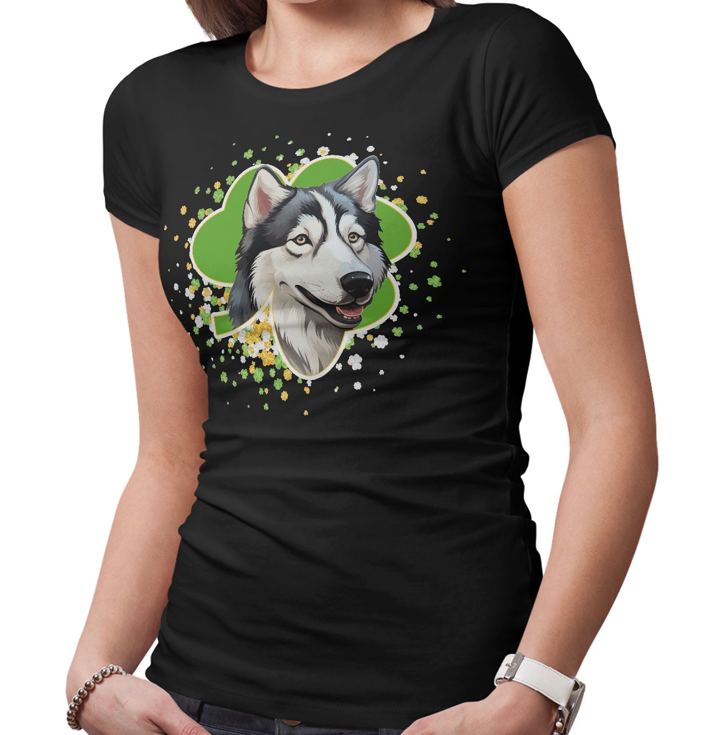 Big Clover St. Patrick's Day Siberian Husky - Women's Fitted T-Shirt