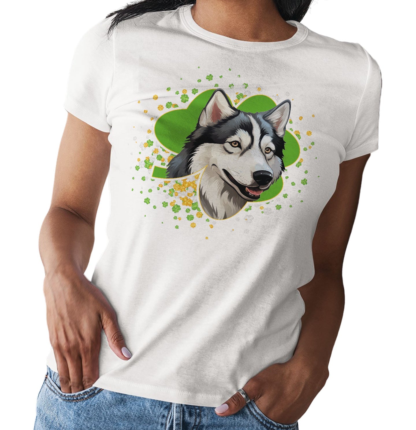 Big Clover St. Patrick's Day Siberian Husky - Women's Fitted T-Shirt