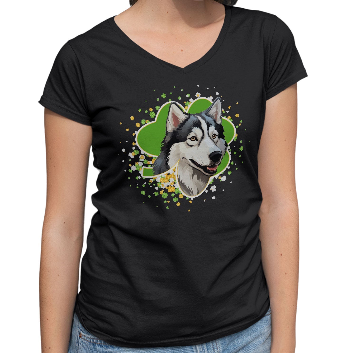 Big Clover St. Patrick's Day Siberian Husky - Women's V-Neck T-Shirt