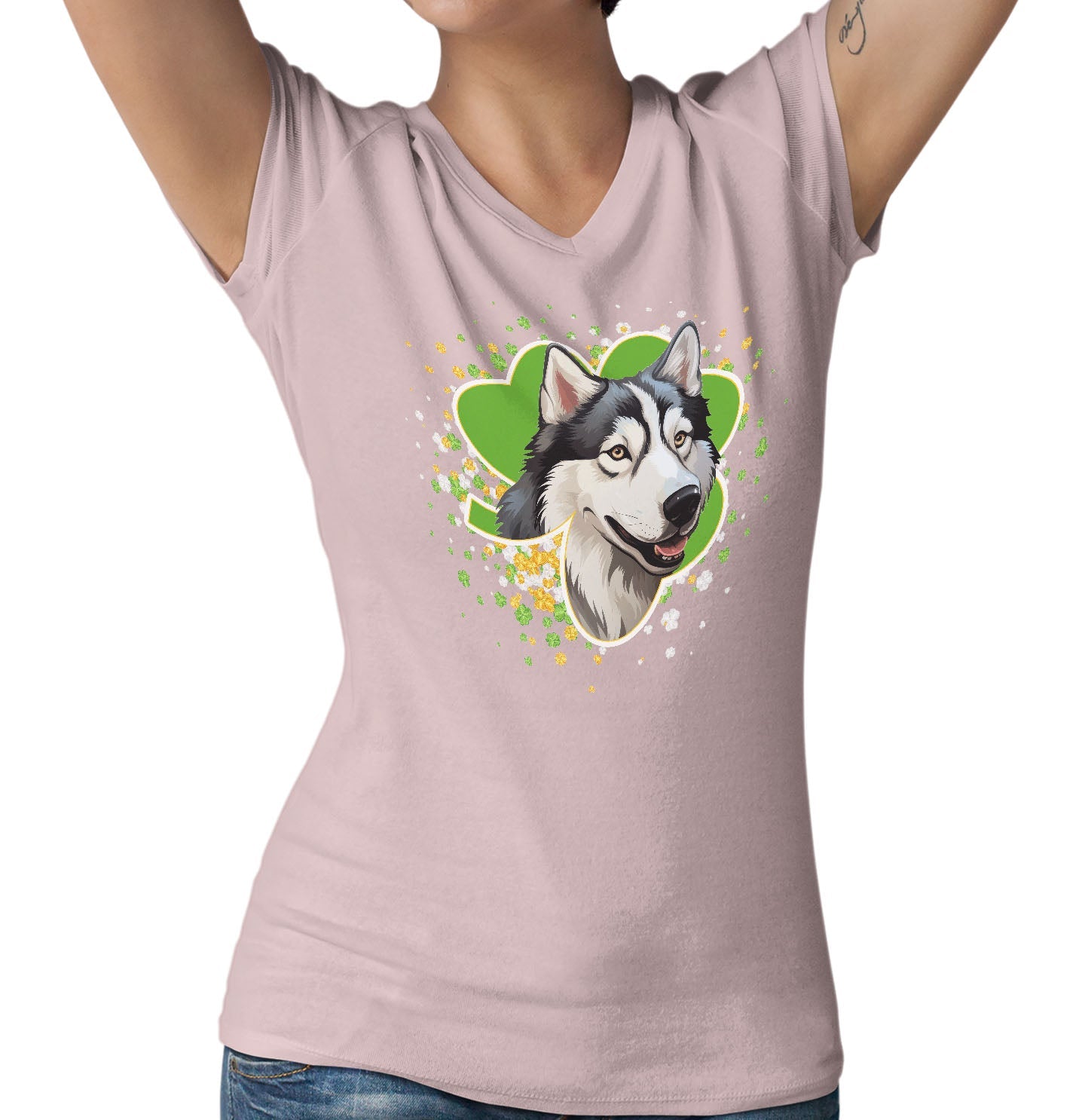 Big Clover St. Patrick's Day Siberian Husky - Women's V-Neck T-Shirt