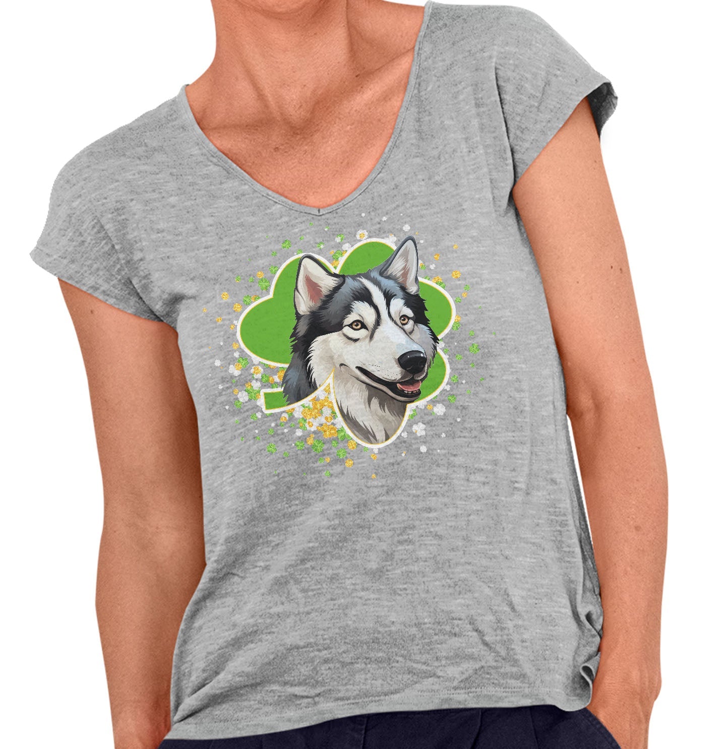 Big Clover St. Patrick's Day Siberian Husky - Women's V-Neck T-Shirt