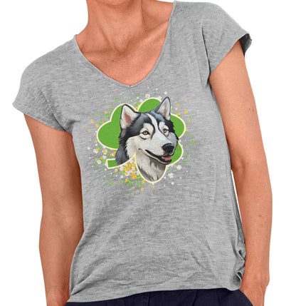 Big Clover St. Patrick's Day Siberian Husky - Women's V-Neck T-Shirt