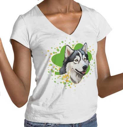 Big Clover St. Patrick's Day Siberian Husky - Women's V-Neck T-Shirt