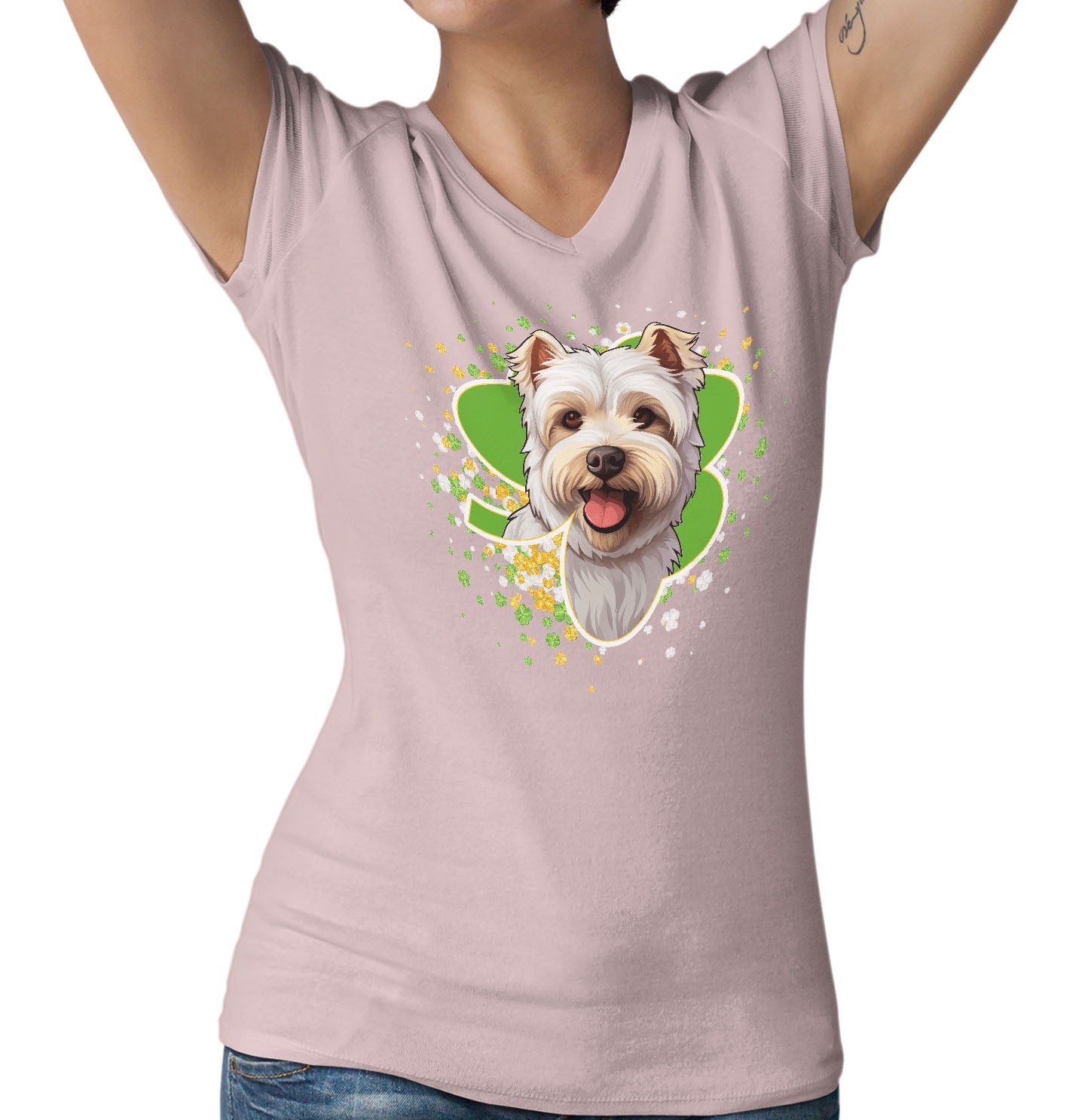 Big Clover St. Patrick's Day West Highland White Terrier - Women's V-Neck T-Shirt