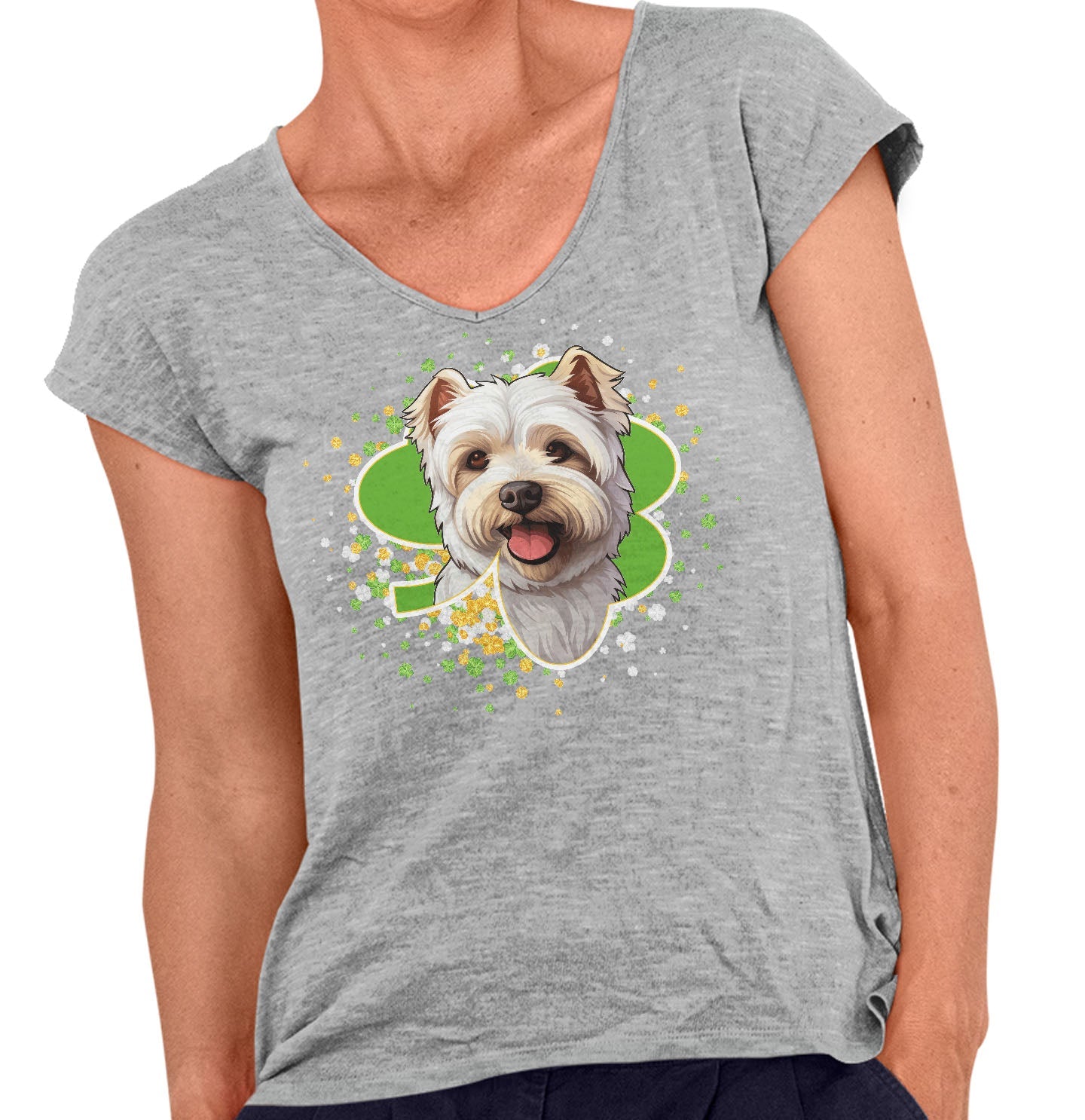 Big Clover St. Patrick's Day West Highland White Terrier - Women's V-Neck T-Shirt