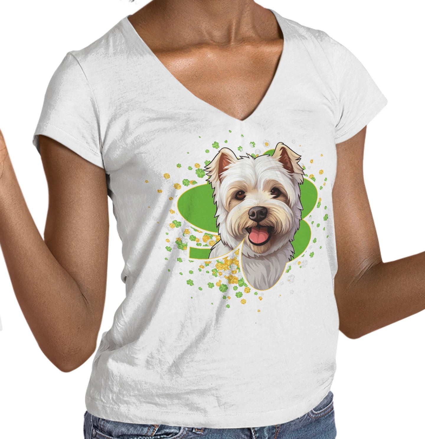 Big Clover St. Patrick's Day West Highland White Terrier - Women's V-Neck T-Shirt