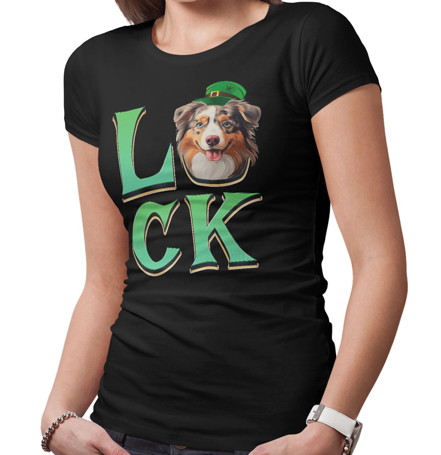 Big LUCK St. Patrick's Day Australian Shepherd - Women's Fitted T-Shirt