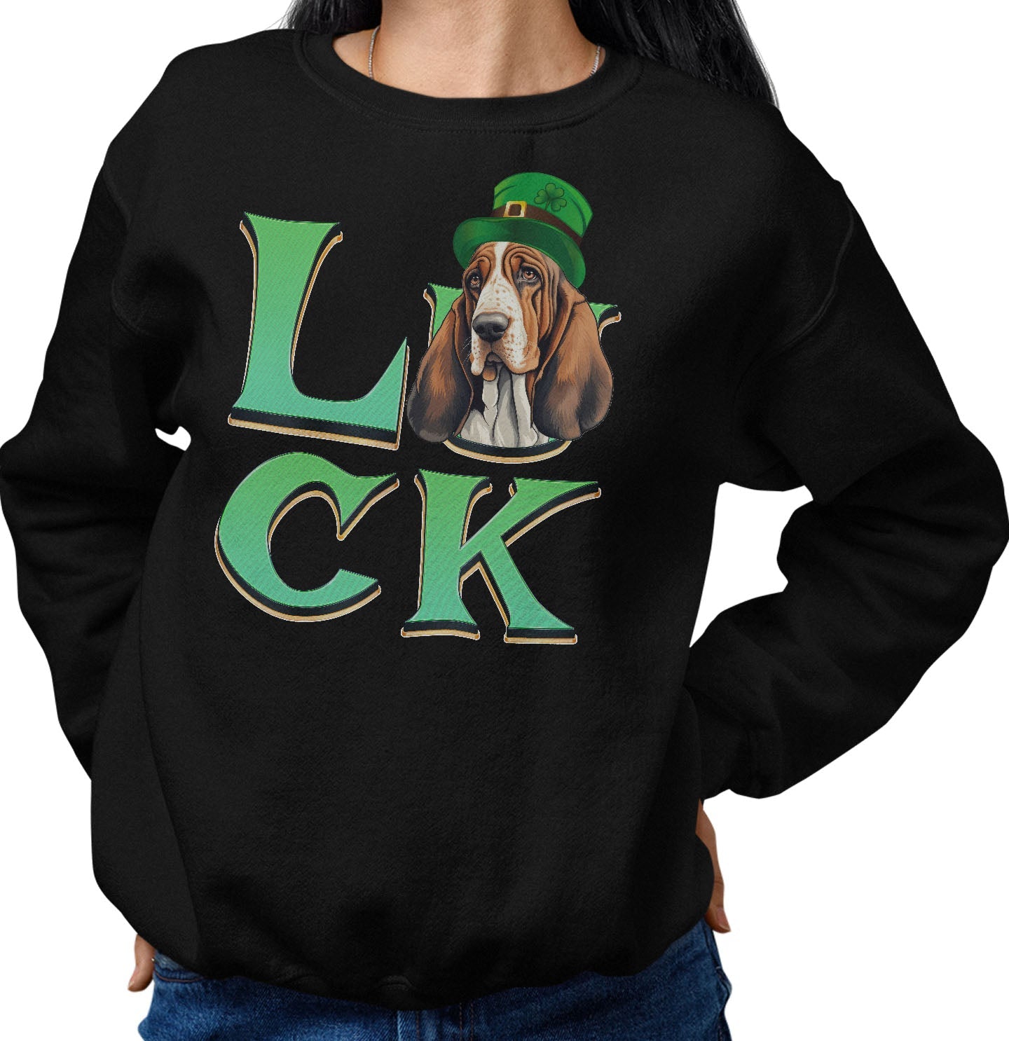 Big LUCK St. Patrick's Day Basset Hound - Adult Unisex Crewneck Sweatshirt