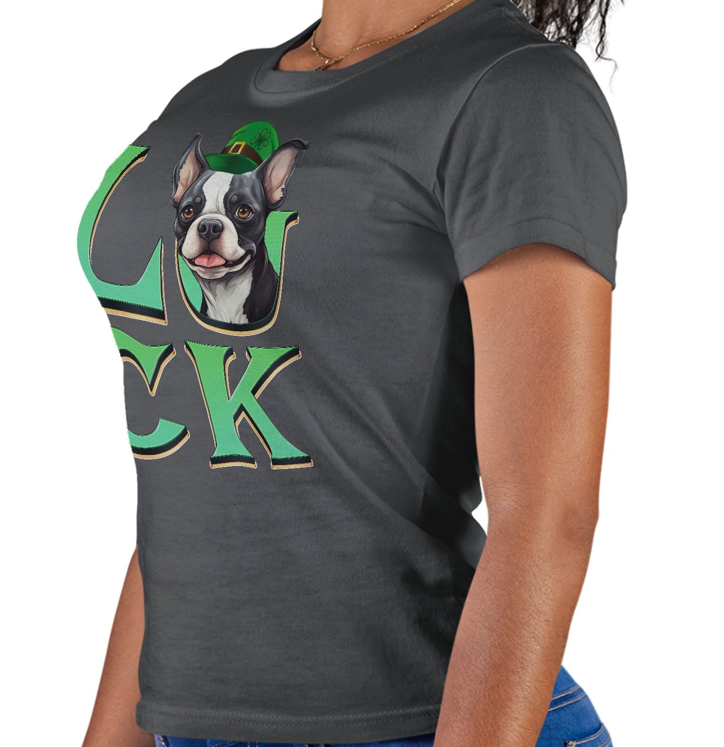 Big LUCK St. Patrick's Day Boston Terrier - Women's Fitted T-Shirt