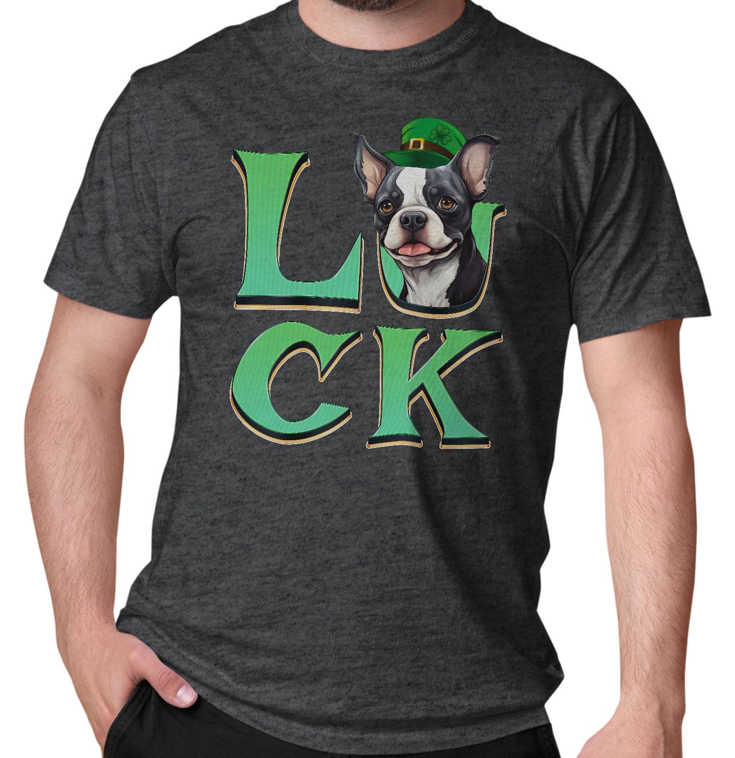 Big LUCK St. Patrick's Day Boston Terrier - Adult Unisex T-Shirt