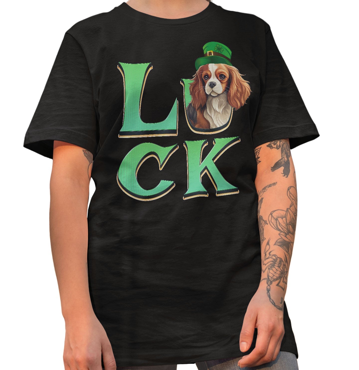 Big LUCK St. Patrick's Day Cavalier King Charles Spaniel (Blenheim) - Adult Unisex T-Shirt