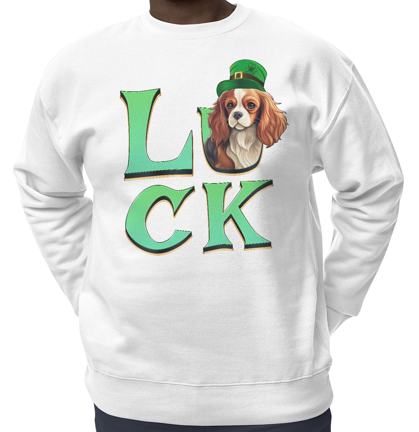 Big LUCK St. Patrick's Day Cavalier King Charles Spaniel (Blenheim) - Adult Unisex Crewneck Sweatshirt