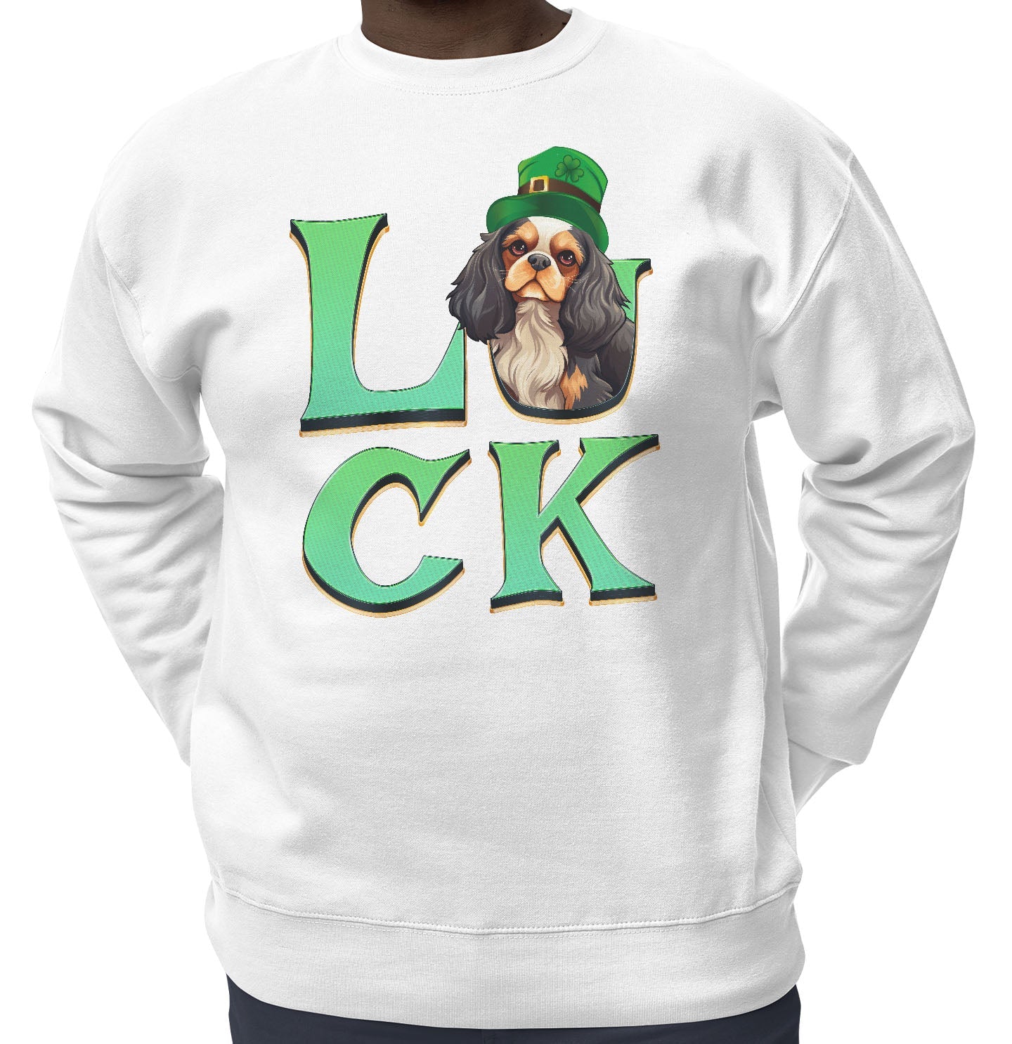 Big LUCK St. Patrick's Day Cavalier King Charles Spaniel (Tri Color) - Adult Unisex Crewneck Sweatshirt