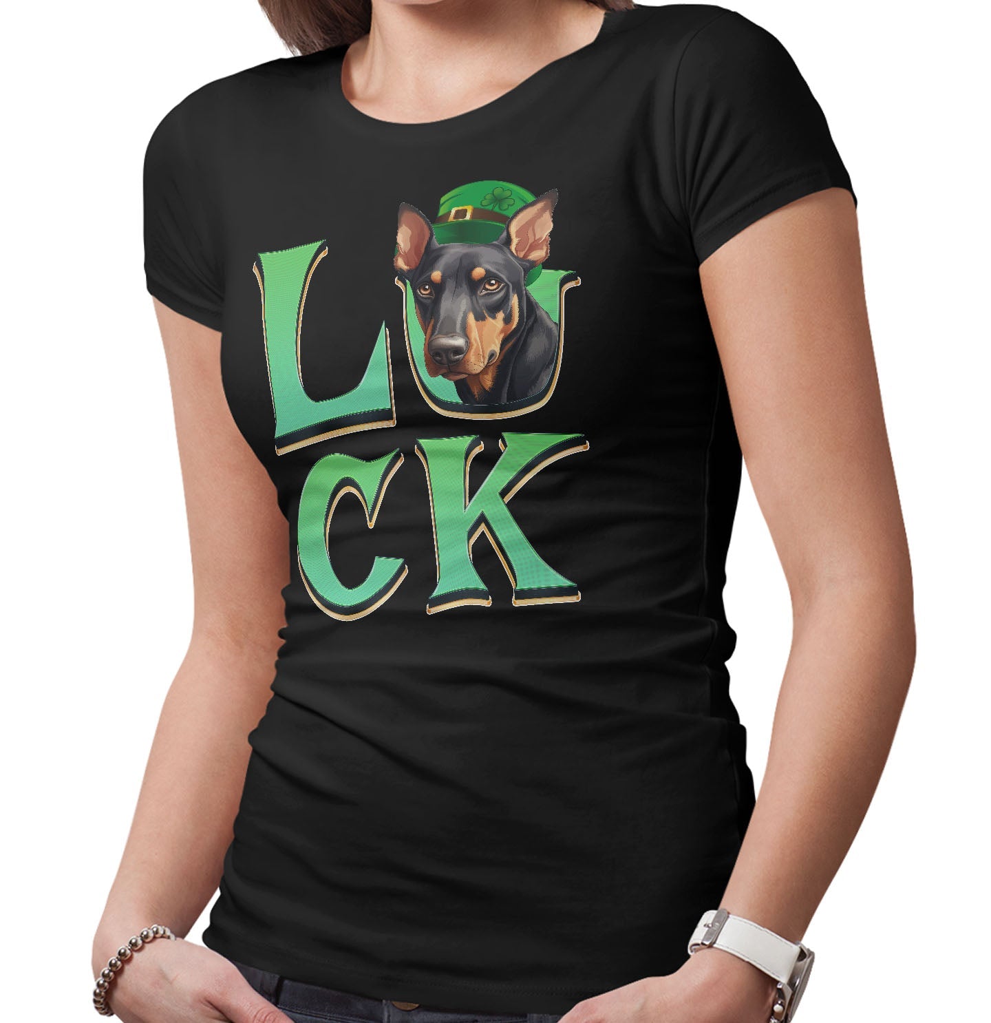 Big LUCK St. Patrick's Day Doberman Pinscher - Women's Fitted T-Shirt