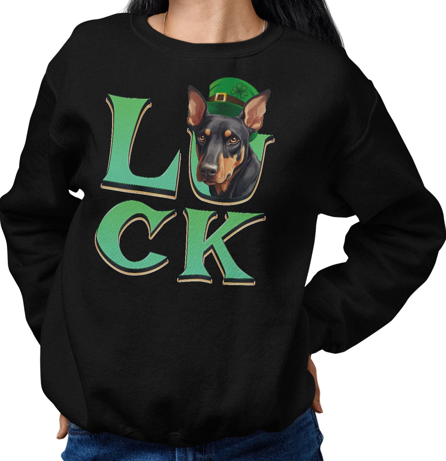 Big LUCK St. Patrick's Day Doberman Pinscher - Adult Unisex Crewneck Sweatshirt