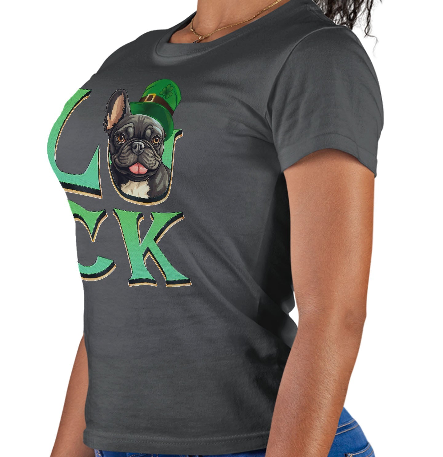 Big LUCK St. Patrick's Day French Bulldog (Black and White) - Women's Fitted T-Shirt