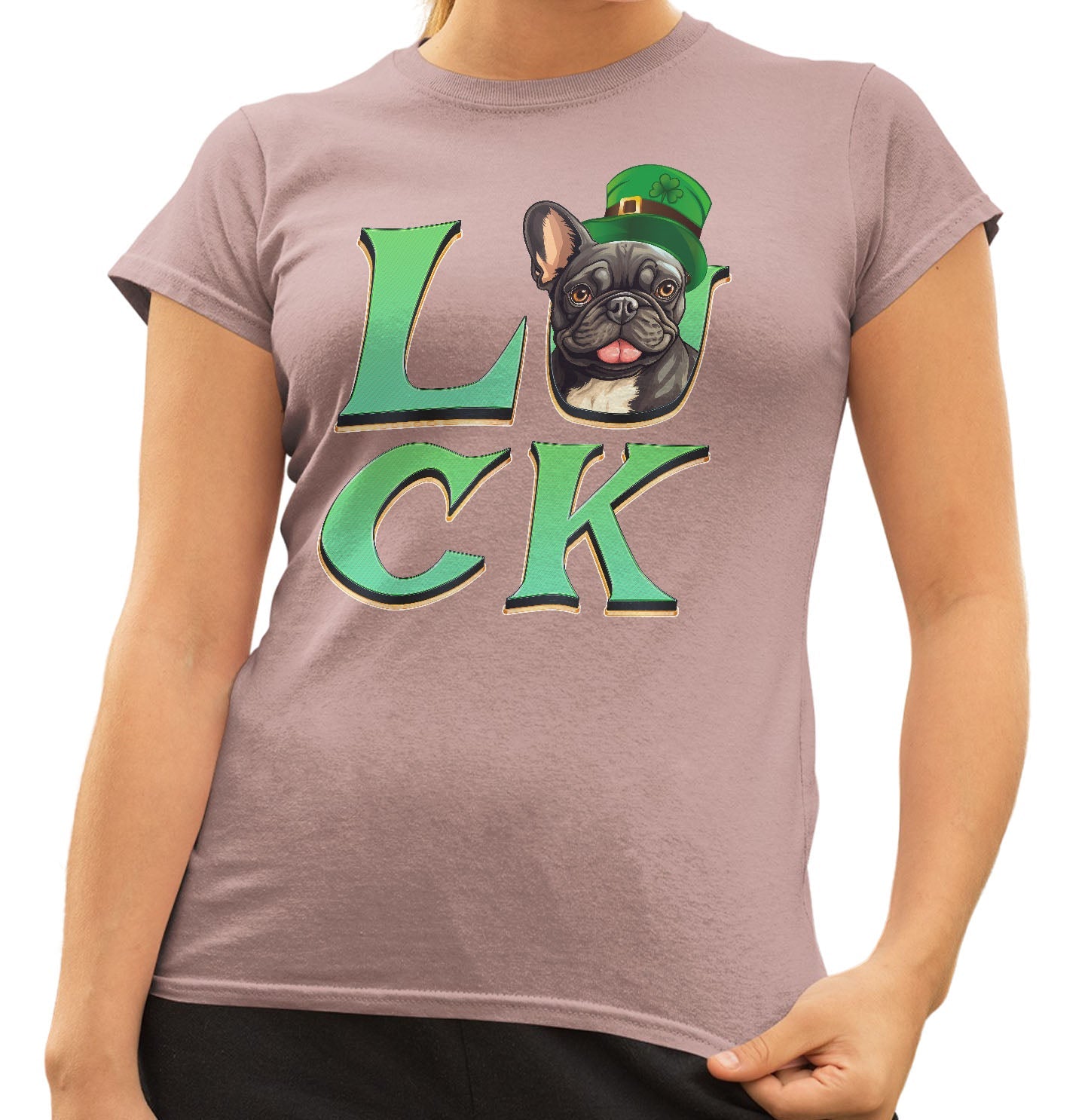 Big LUCK St. Patrick's Day French Bulldog (Black and White) - Women's Fitted T-Shirt