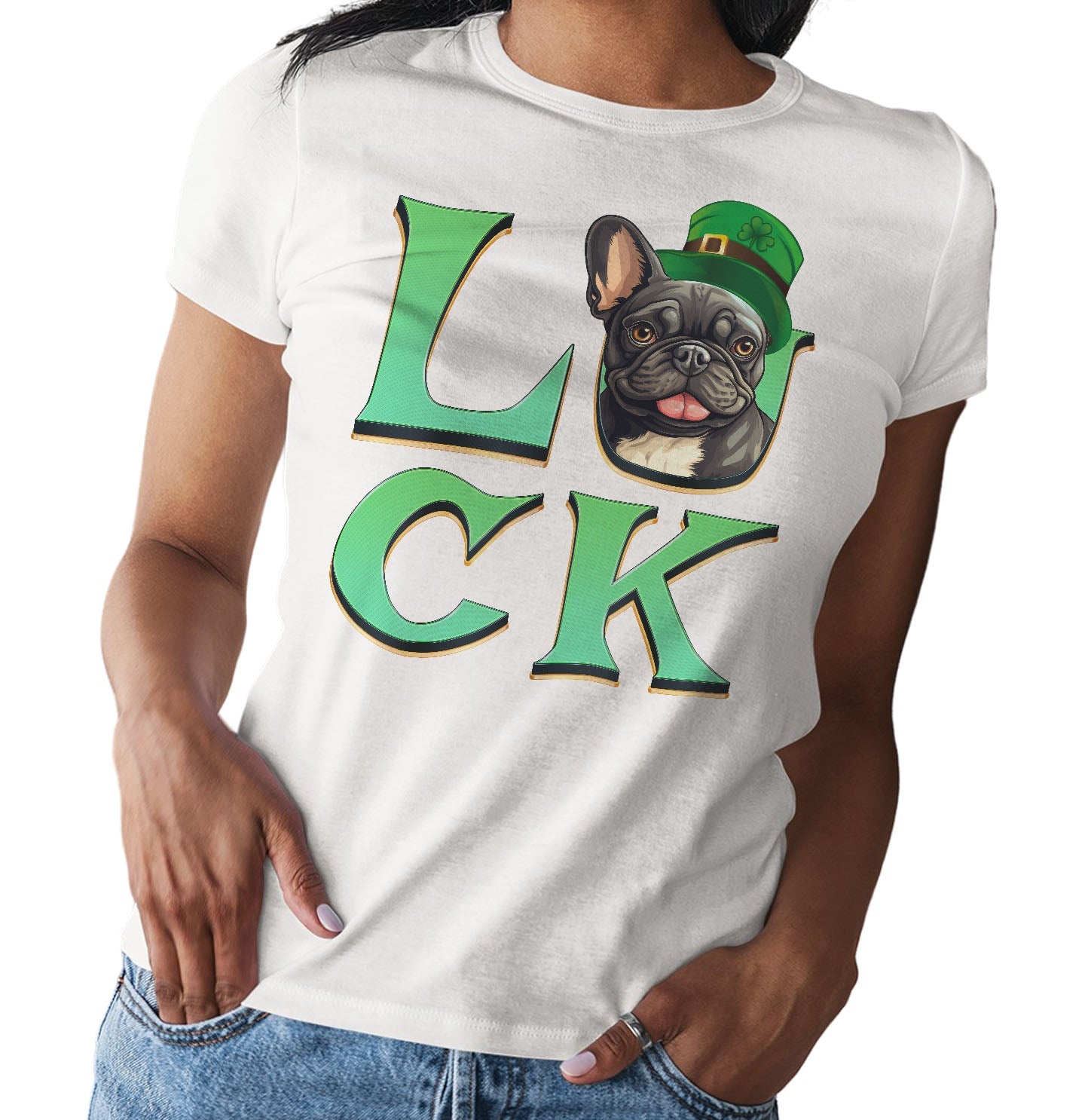 Big LUCK St. Patrick's Day French Bulldog (Black and White) - Women's Fitted T-Shirt