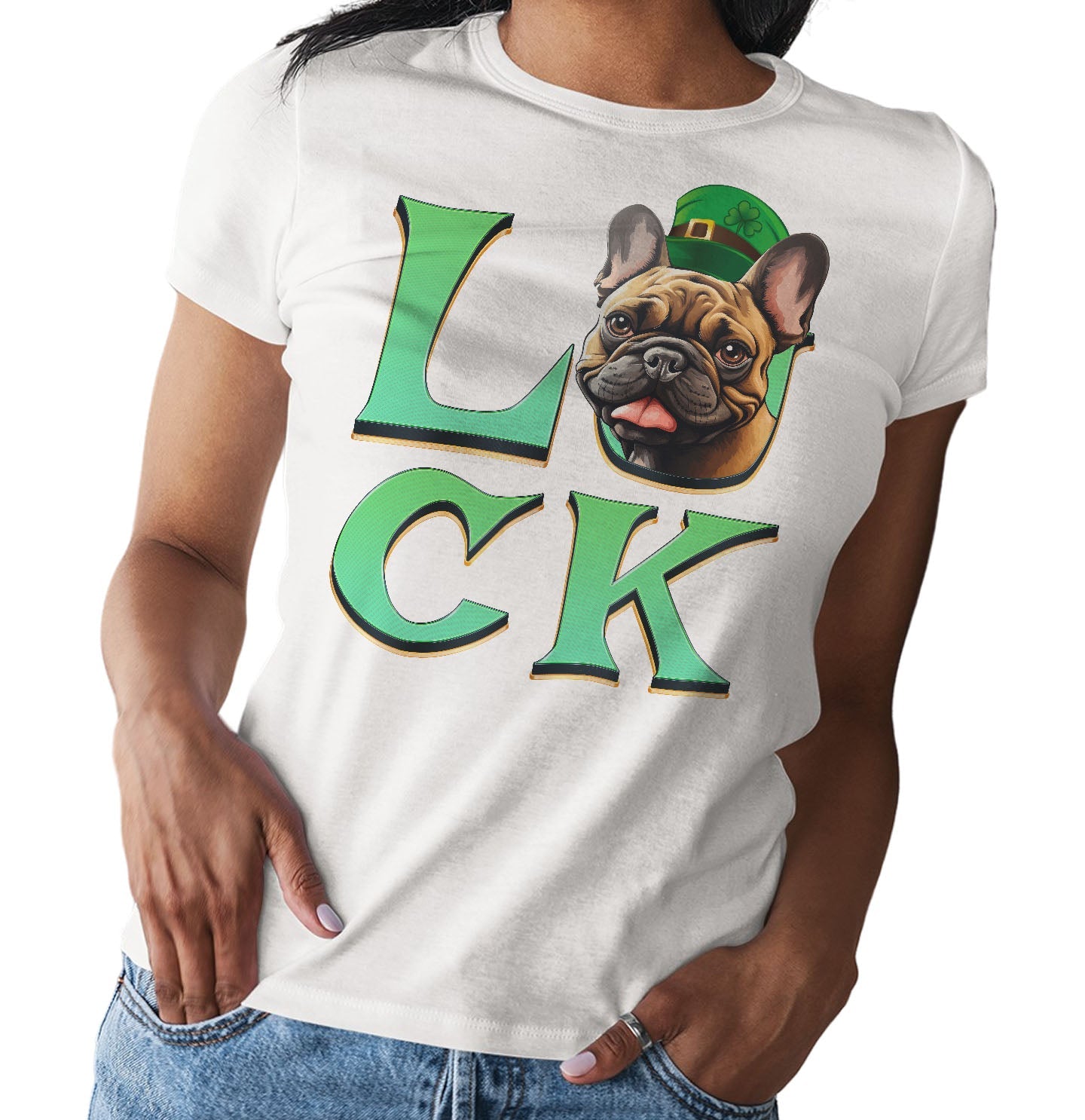 Big LUCK St. Patrick's Day French Bulldog (Fawn) - Women's Fitted T-Shirt