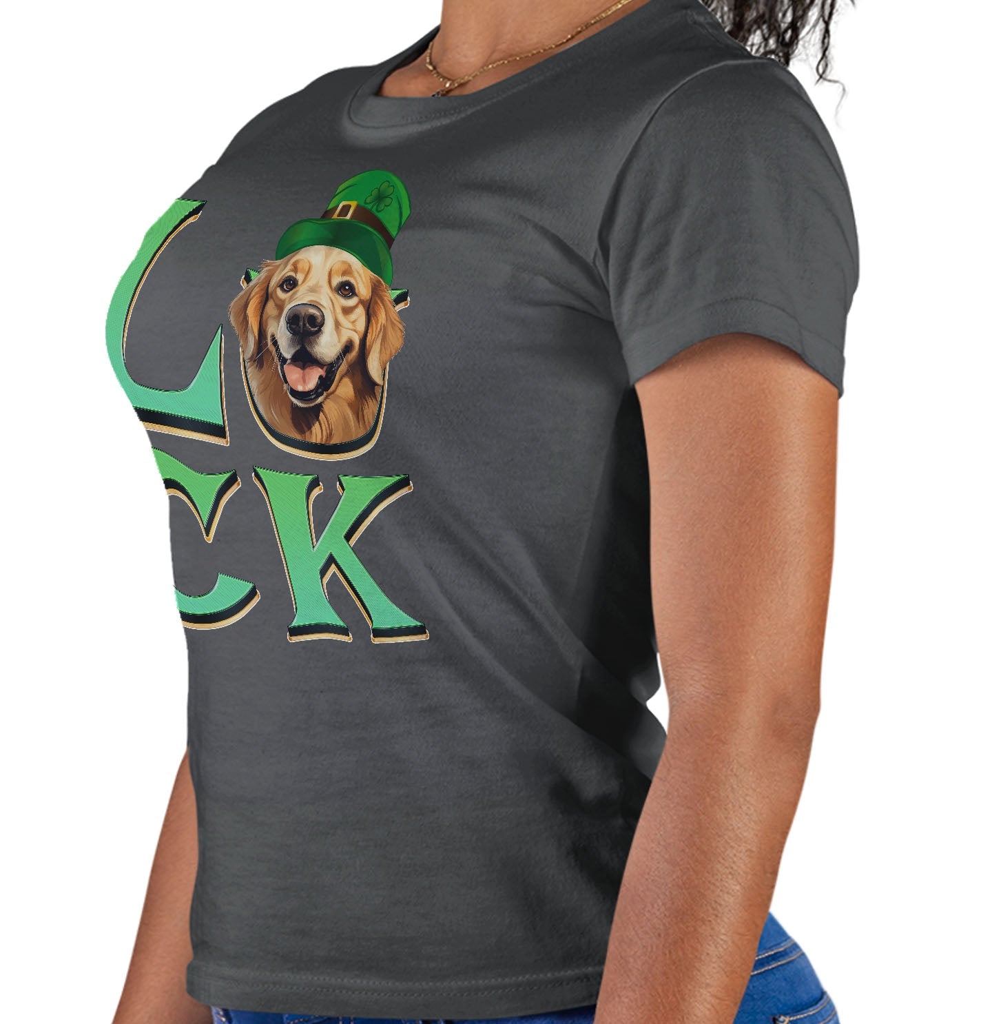 Big LUCK St. Patrick's Day Golden Retriever (Dark Golden) - Women's Fitted T-Shirt