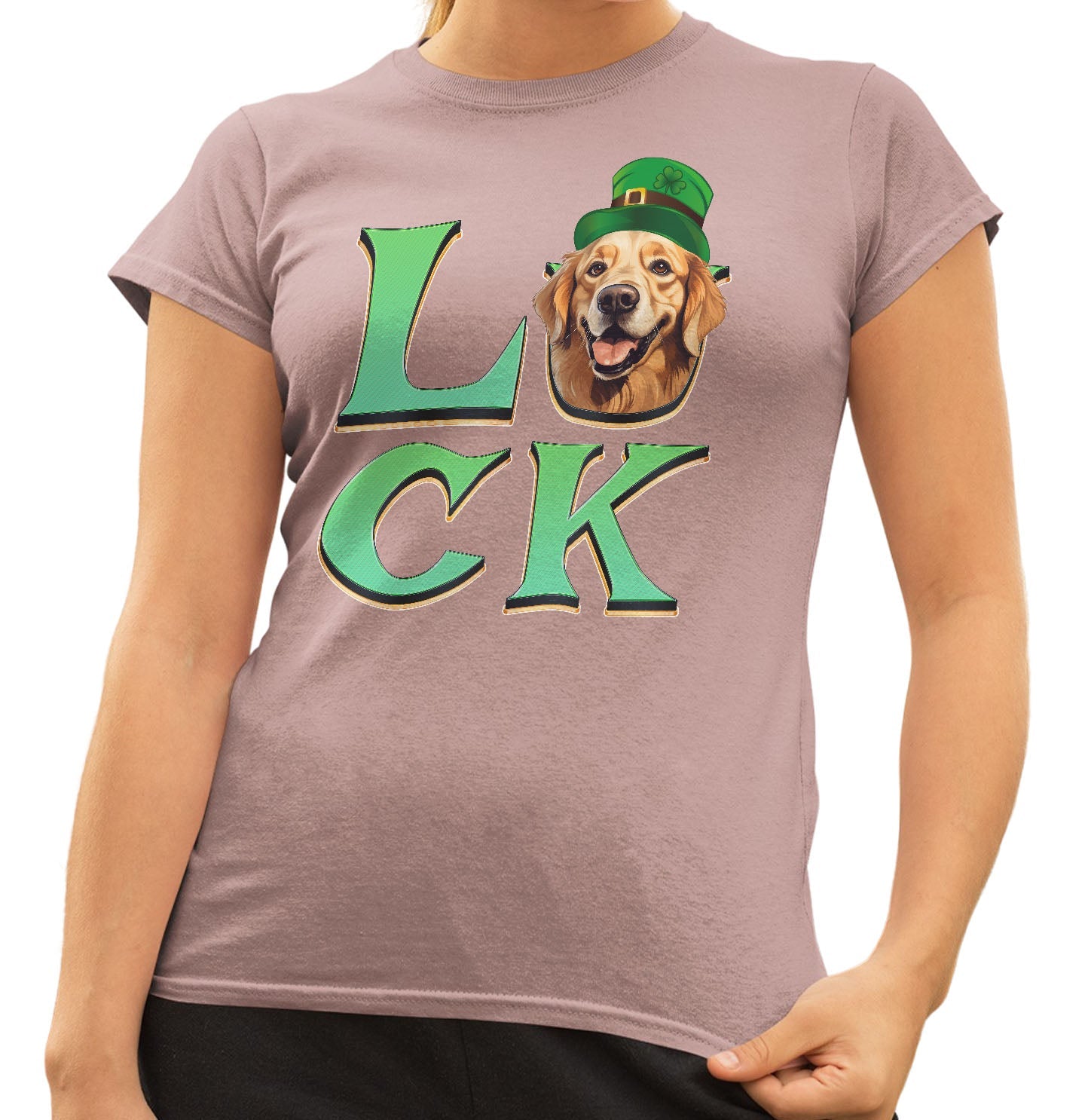 Big LUCK St. Patrick's Day Golden Retriever (Dark Golden) - Women's Fitted T-Shirt