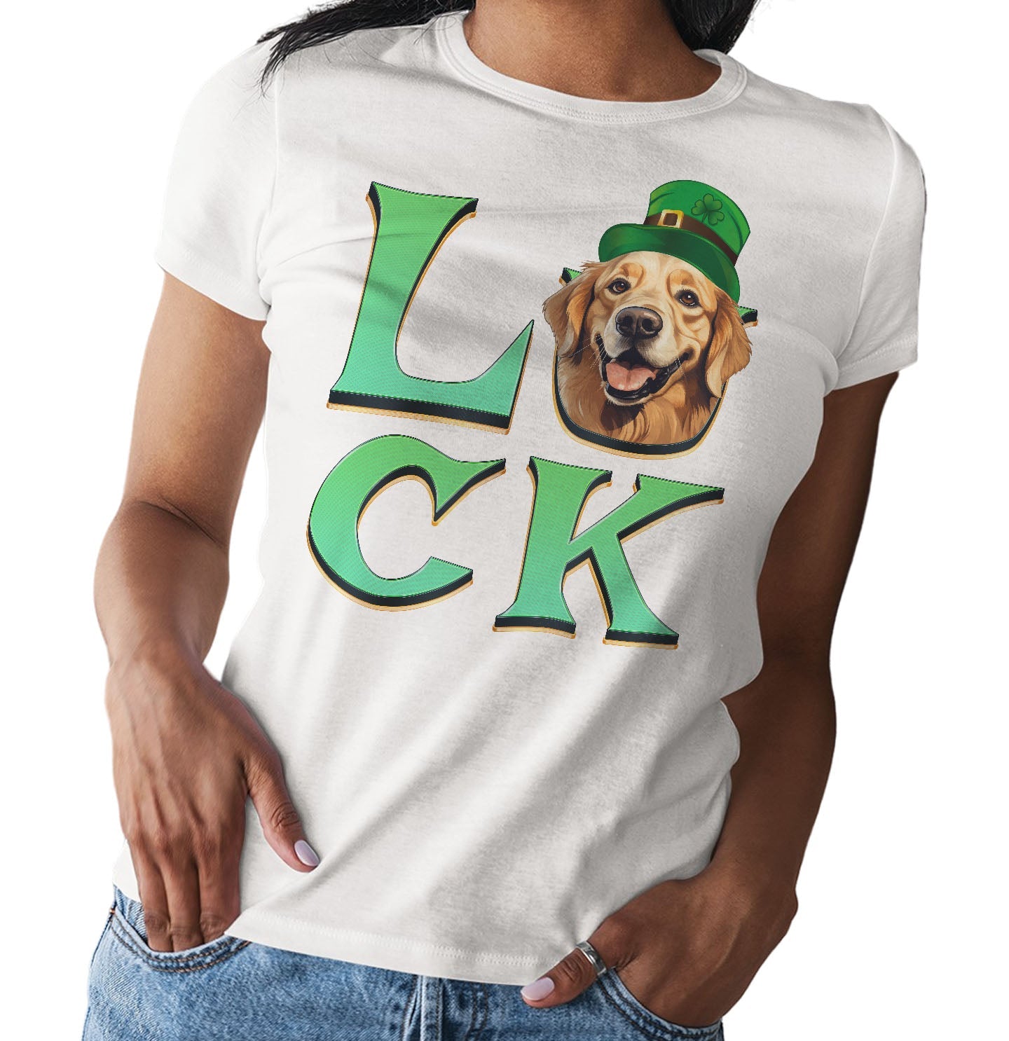 Big LUCK St. Patrick's Day Golden Retriever (Dark Golden) - Women's Fitted T-Shirt