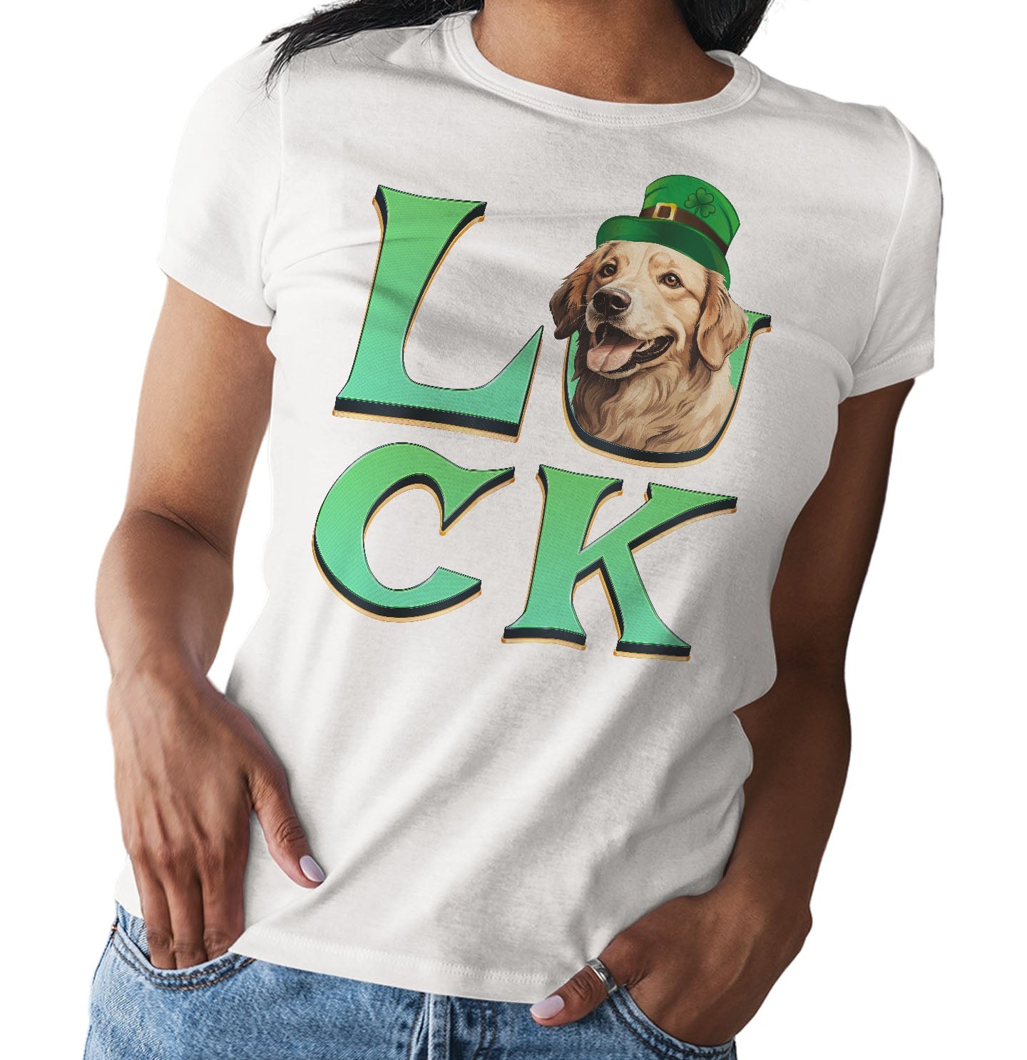 Big LUCK St. Patrick's Day Golden Retriever (Light Golden) - Women's Fitted T-Shirt