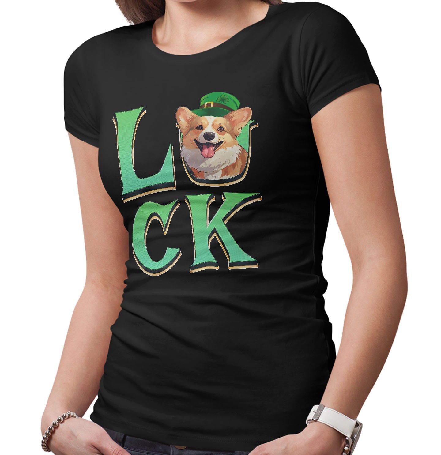 Big LUCK St. Patrick's Day Pembroke Welsh Corgi - Women's Fitted T-Shirt