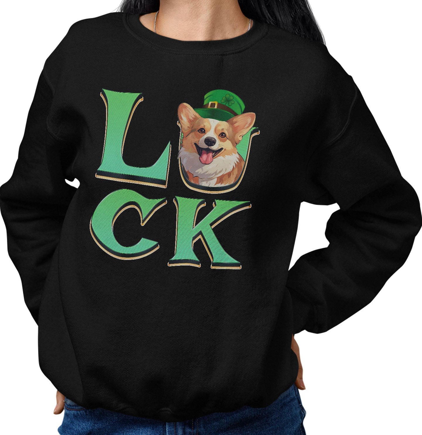 Big LUCK St. Patrick's Day Pembroke Welsh Corgi - Adult Unisex Crewneck Sweatshirt