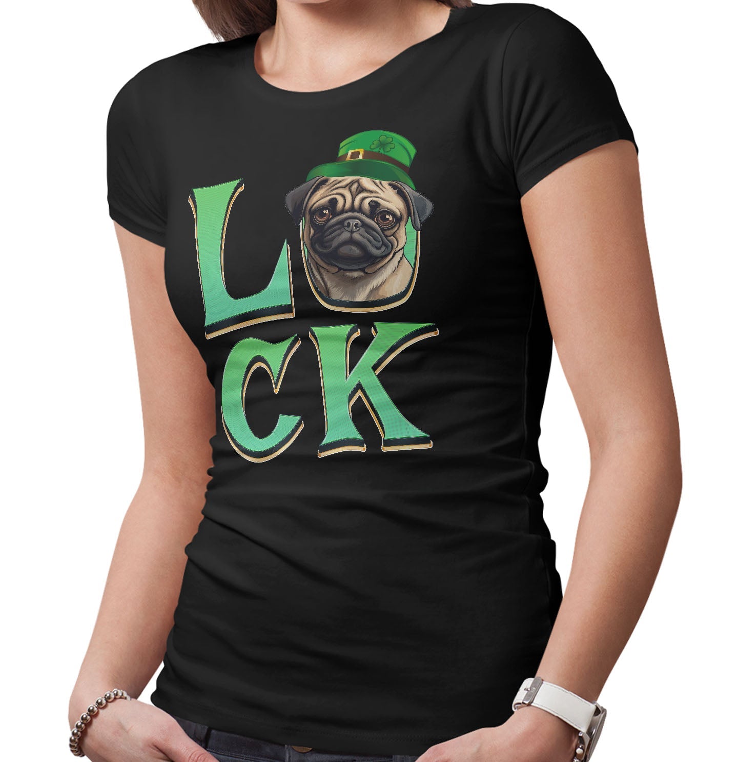 Big LUCK St. Patrick's Day Pug - Women's Fitted T-Shirt