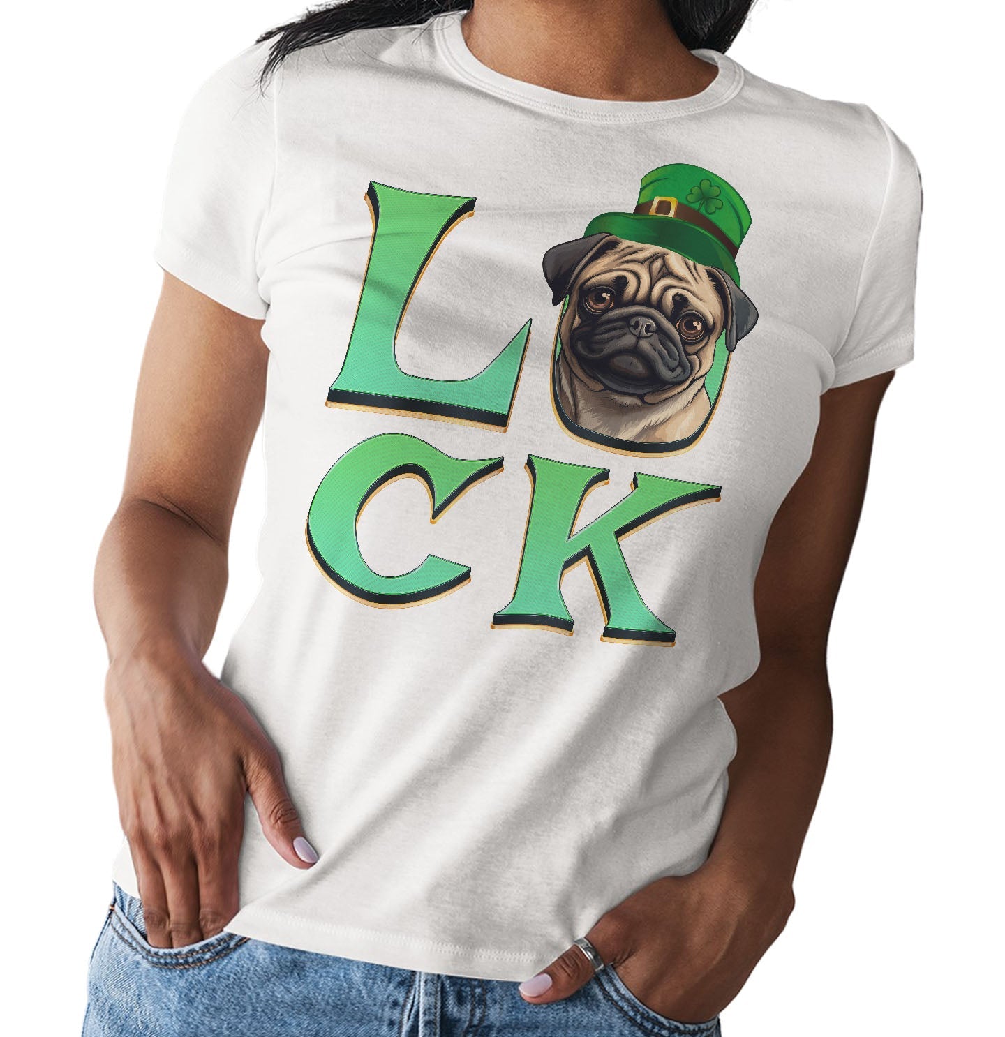 Big LUCK St. Patrick's Day Pug - Women's Fitted T-Shirt