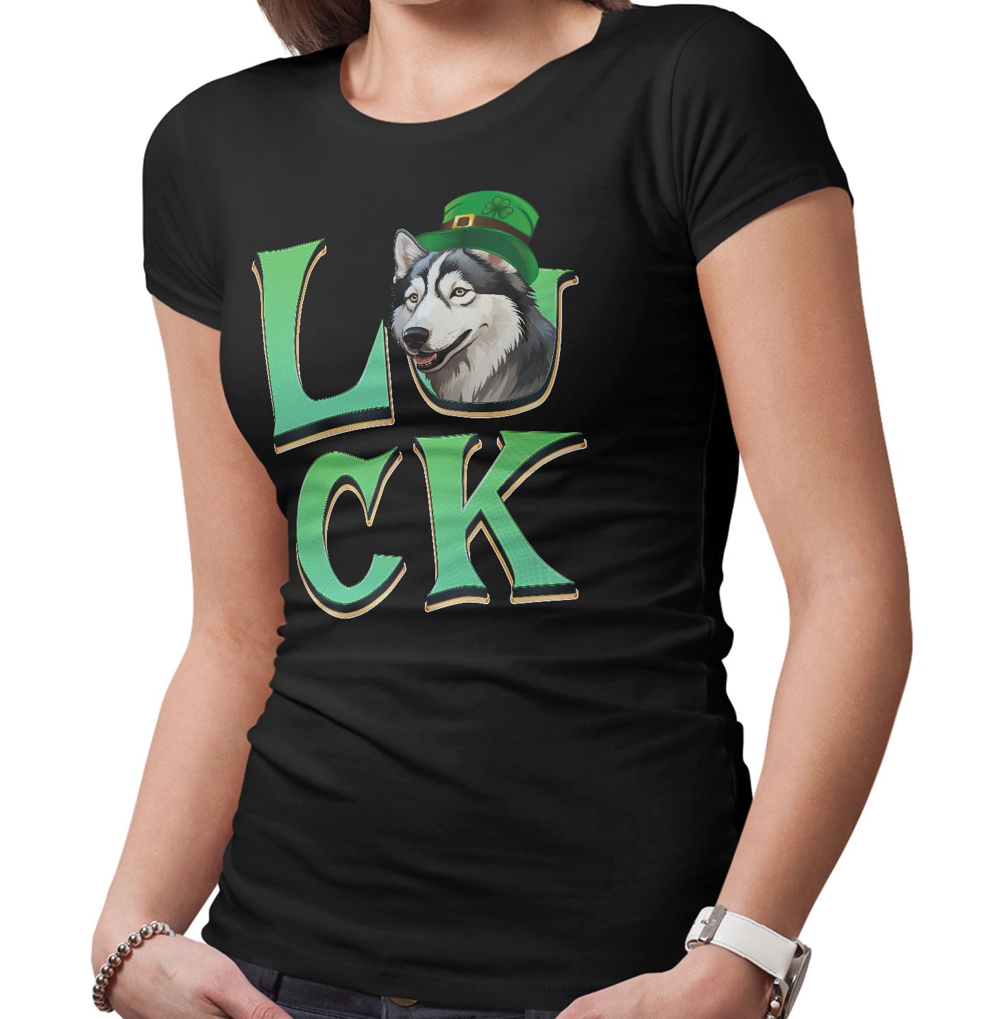 Big LUCK St. Patrick's Day Siberian Husky - Women's Fitted T-Shirt